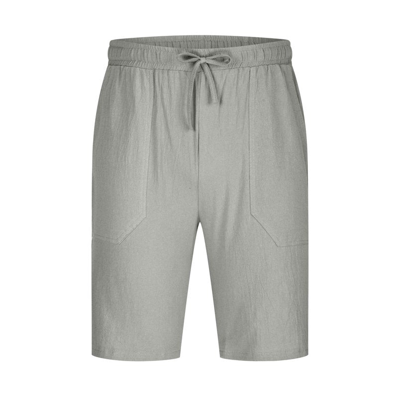 Men's Linen Shorts Casual Solid Color Elastic Waist Knee Length Beach Shorts