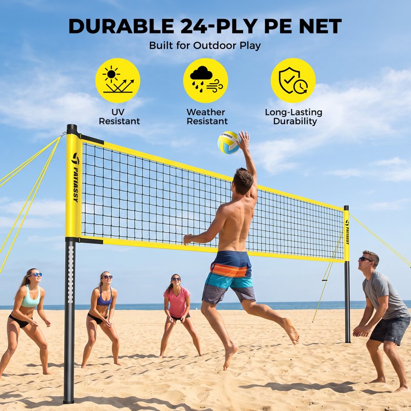 Outdoor Volleyball Net Set 32FT with Adjustable Height Steel Poles Carry Bag