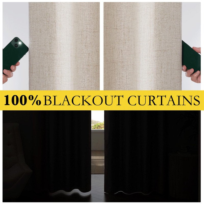 Blackout Linen Curtains for Bedroom & Living Room - Insulated Noise Reducing Drapes, 52x96, Natural - Set of 2