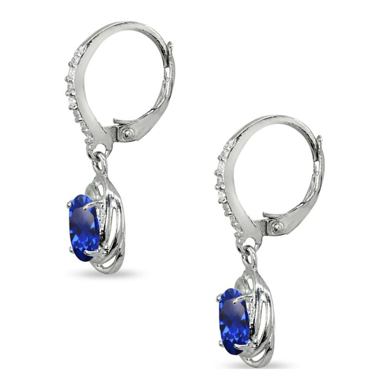 Sterling Silver Love Knot Dangle Earrings with Blue Sapphire CZ