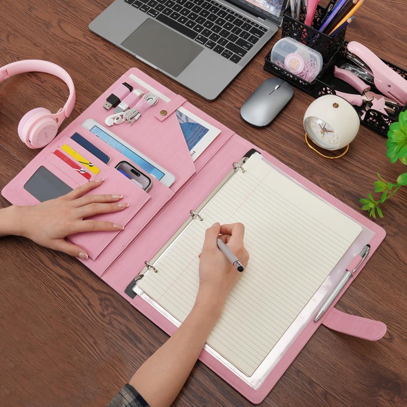 A4 PU Leather Portfolio Organizer with Removable Ring Binder and Multiple Pockets