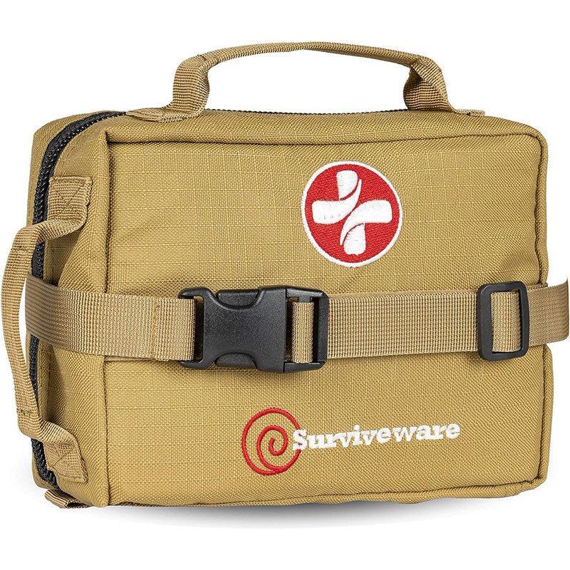 Outdoor Survival First Aid Kit with 100+ Supplies, Water-Resistant, Tan
