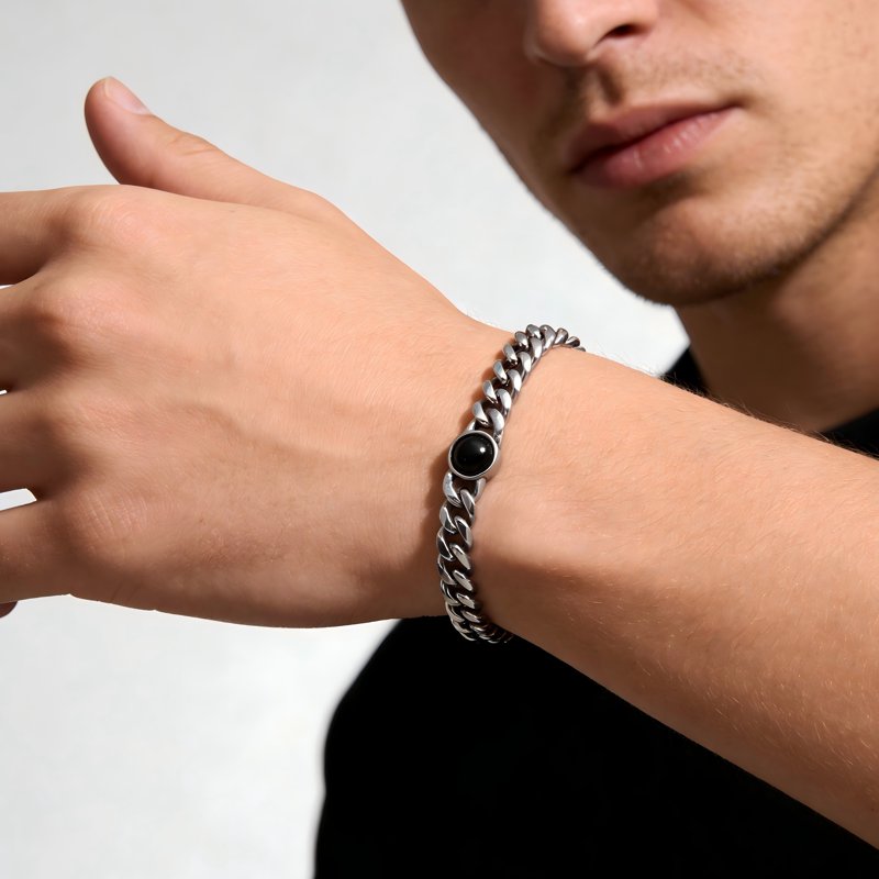 Men's Black Onyx Cuba Link Chain Bracelet - Stainless Steel, Durable & Tarnish-Resistant