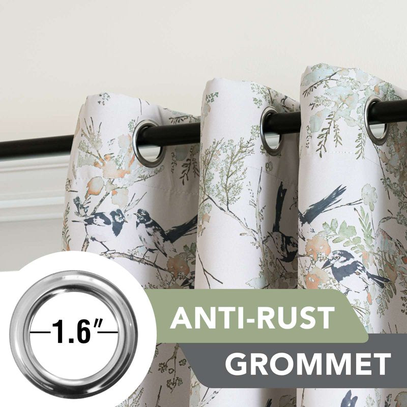 Blackout Floral Bird Pattern Curtains with Grommets - 2 Panels, Thermal Privacy Drapes