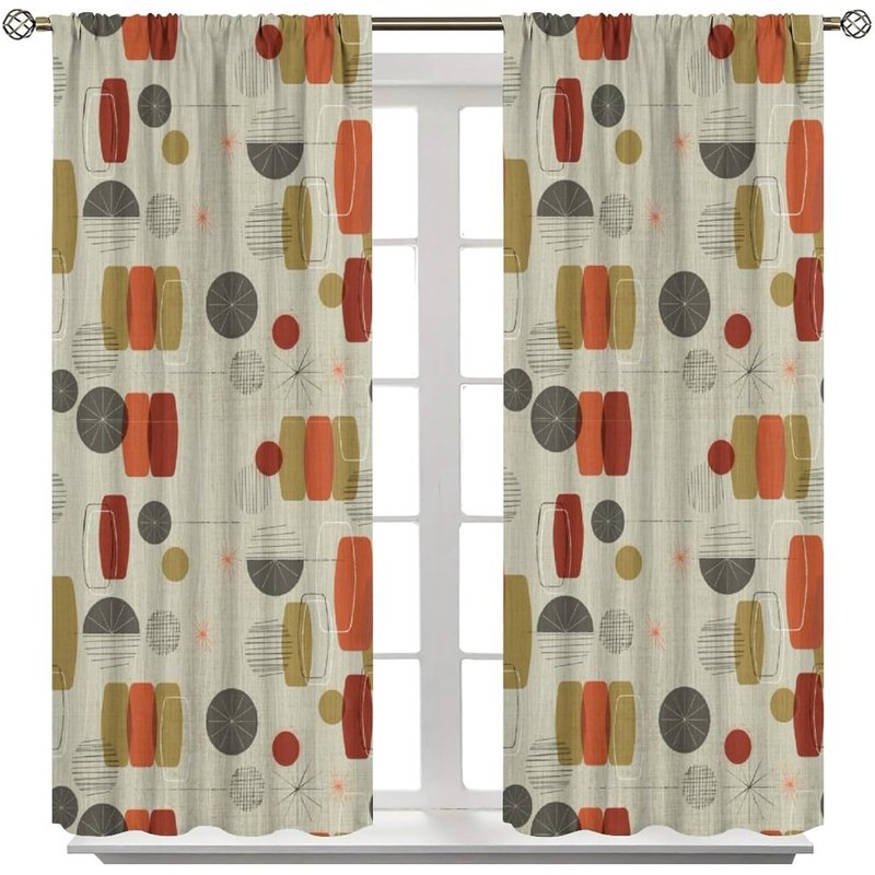 Mid Century Geometric Pattern Curtains - Insulated Room Darkening Drapes, 2 Panels