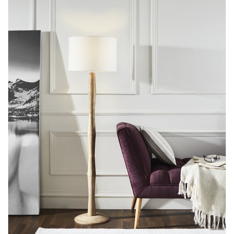 Modern Organic Floor Lamp - 60 Inch Natural Wood & Cotton Shade