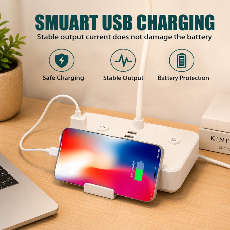LED Desk Lamp with USB Charging & Power Outlets, 4ft Extension Cord, Adjustable Light