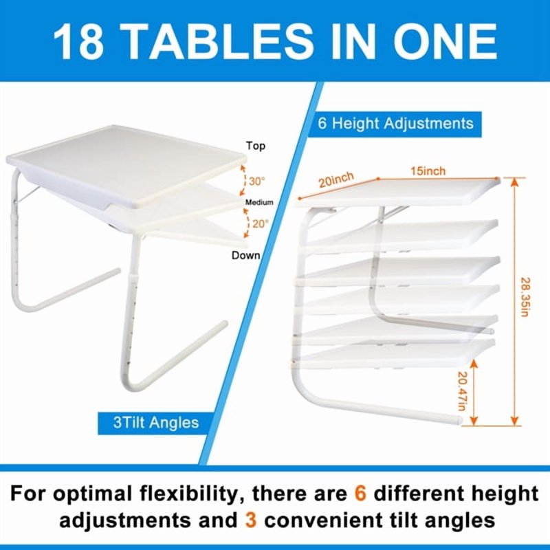 Adjustable Foldable TV Tray Table with Cup Holder & Book Stand, White