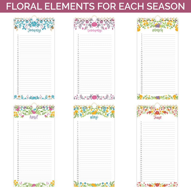 Perpetual Wall Calendar with Seasonal Florals - Reusable 12-Month Planner