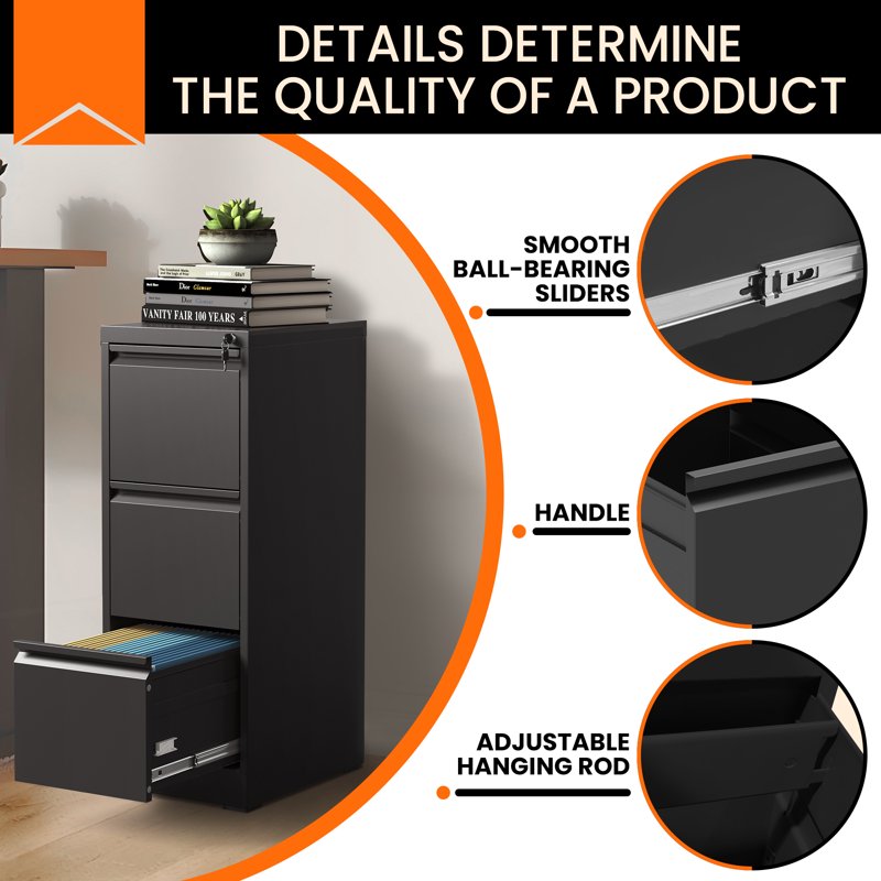 Locking 3-Drawer Metal File Cabinet for Legal and Letter Files - Black