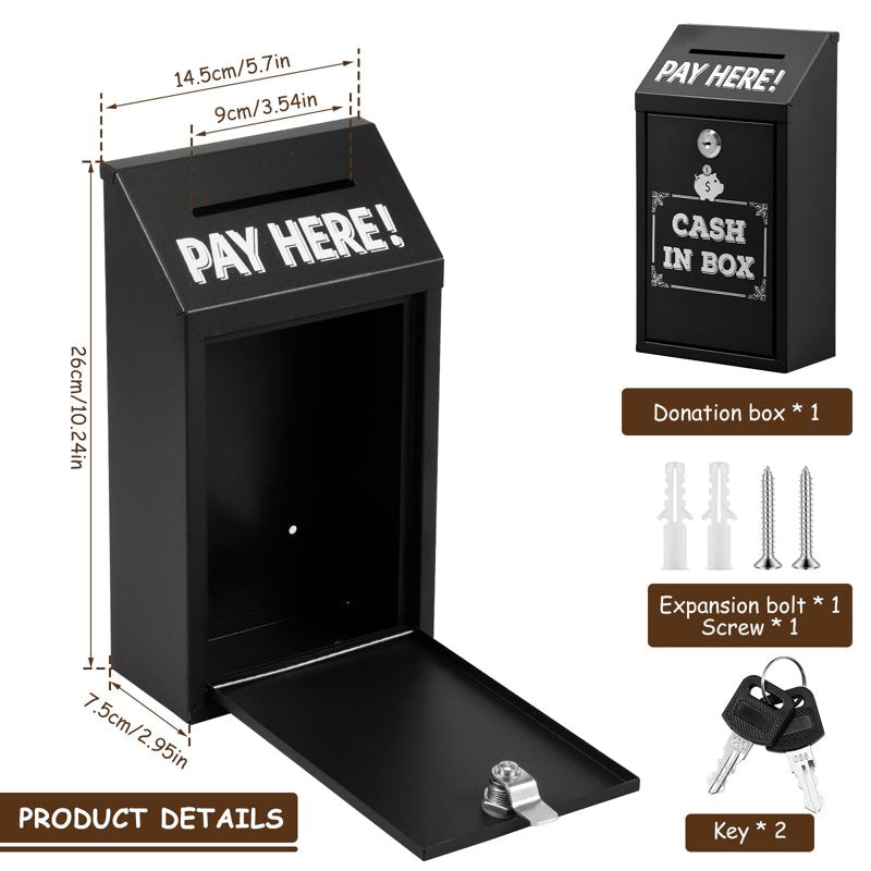 Metal Donation Box with Key Lock Wall Mount Cash Drop Safe Outdoor Indoor