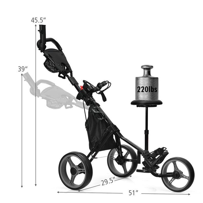 Goplus Folding 3-Wheel Golf Push Cart with Seat, Scoreboard & Adjustable Handle - Grey (Variation: Grey)