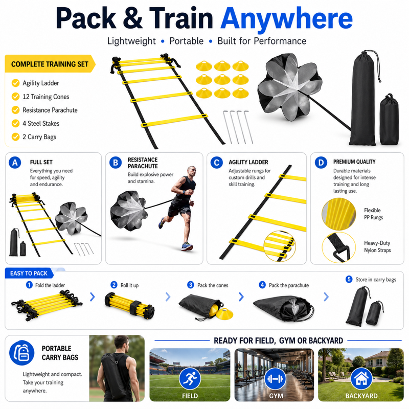 Agility Ladder Speed Training Set - 20 ft Adjustable Ladder, 12 Cones, 4 Stakes, Parachute & Carry Bag