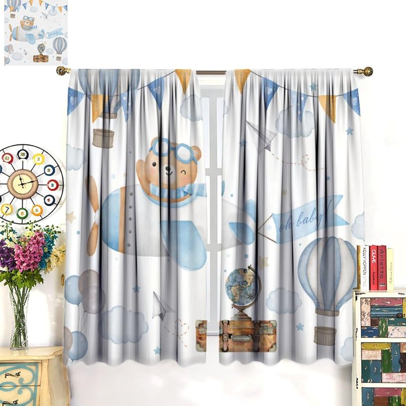 Kids Bedroom Curtains - Pastel Bear Cloud Adventure Window Drapes, 2 Panels