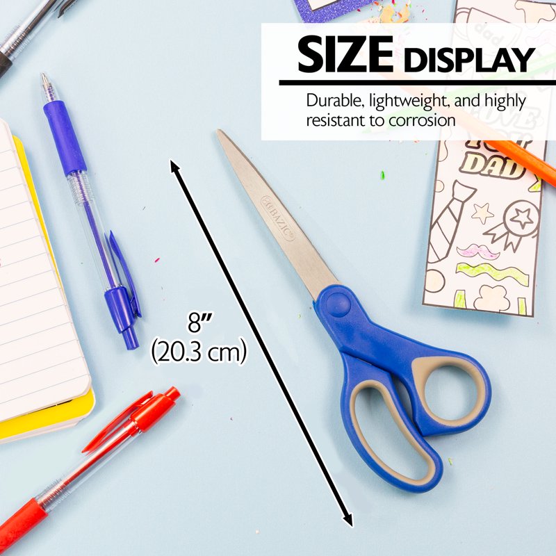 BAZIC 8" Soft Grip Stainless Steel Scissors, Straight Handle, 24-Pack