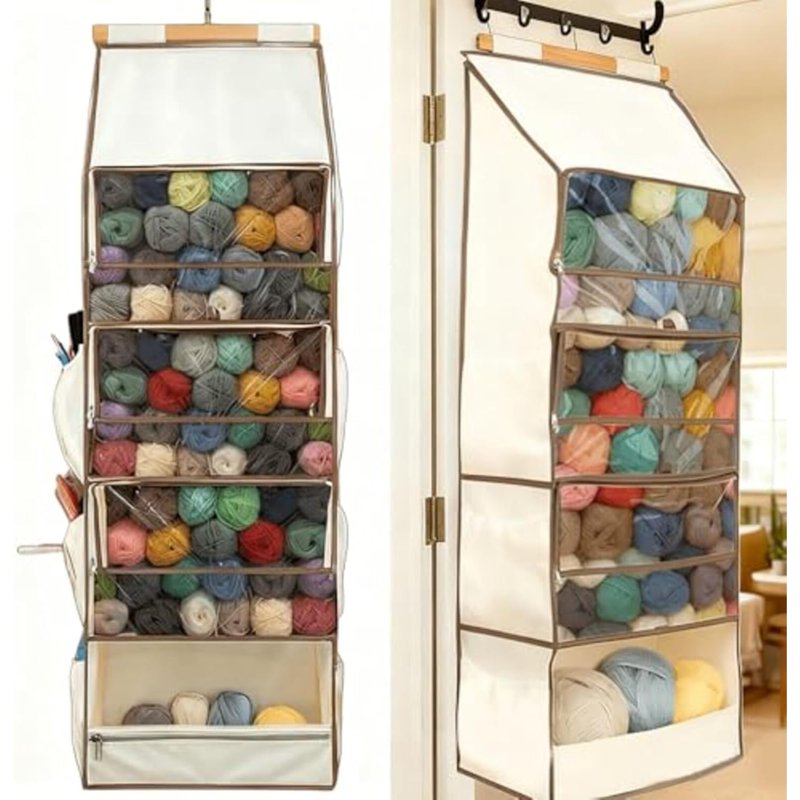 Large Yarn Organizer Bag with Clear Zippered Compartments & Tool Pockets