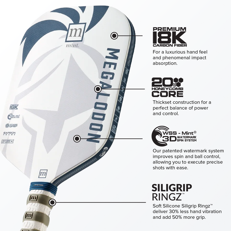 Megalodon Pickleball Paddle with 18K Carbon Fiber Face, 20mm Poly Core, Elongated Handle – USAPA Approved