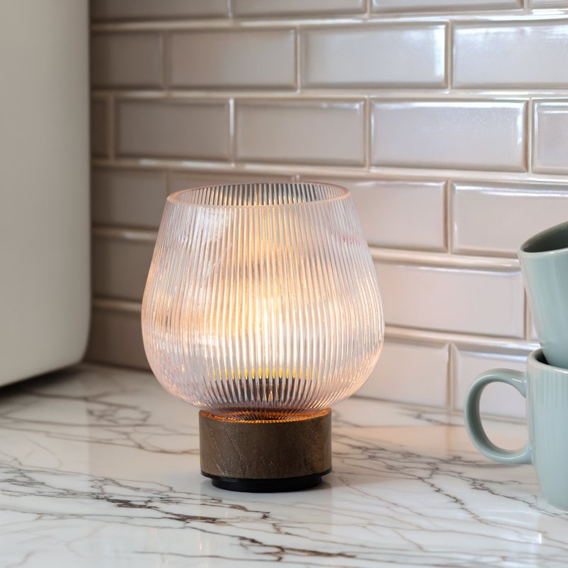 Rechargeable Pink Glass Accent Light with Warm Walnut Finish