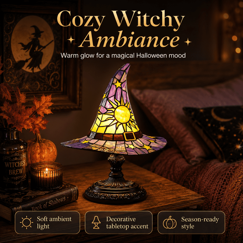 Gothic Stained Glass Witch Hat Lamp Halloween Night Light Decor - 12 Inch