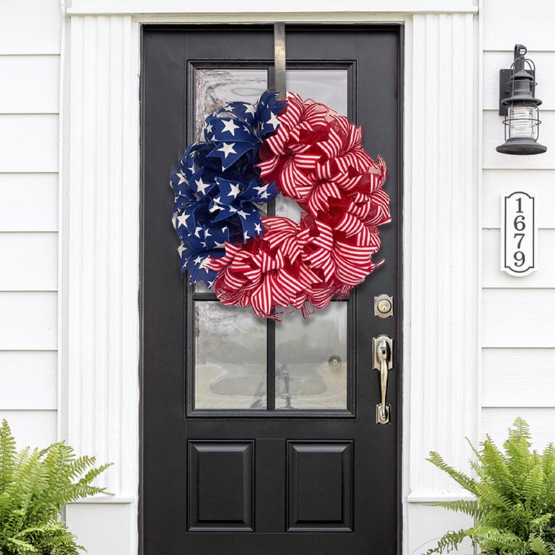 Patriotic Front Door Wreath with Red White Blue Ribbon Stars for Independence Day