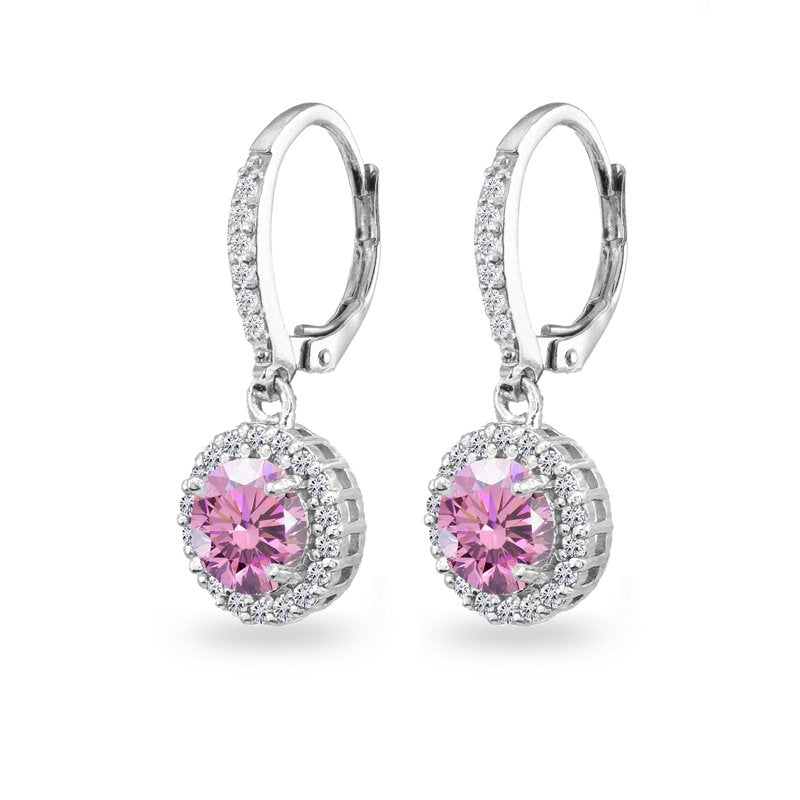 Sterling Silver Pink Halo Dangle Earrings with Swarovski Crystals