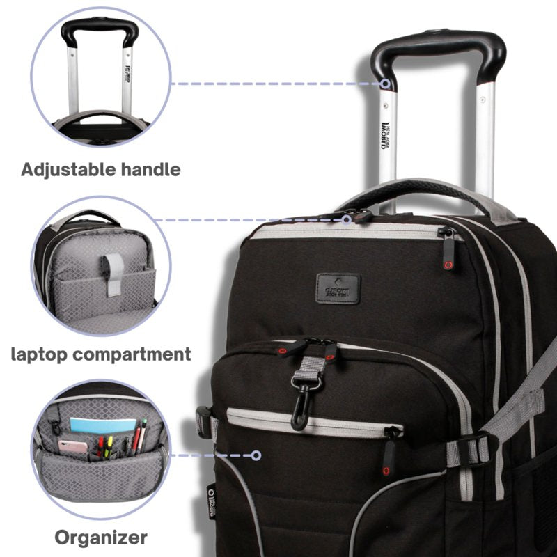 Multi-Purpose Rolling Backpack for School and Travel - Black, 19.5 Inch