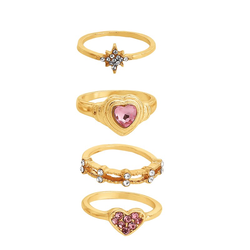 Gold-Tone Heart Rhinestone Ring Set for Women - 5 Pieces, Sizes 5-9