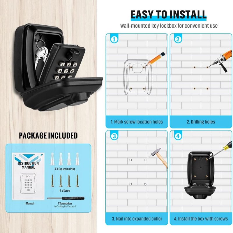 Outdoor Waterproof Wall Mount Key Lock Box with 12-Digit Combination for Home and Garage Security