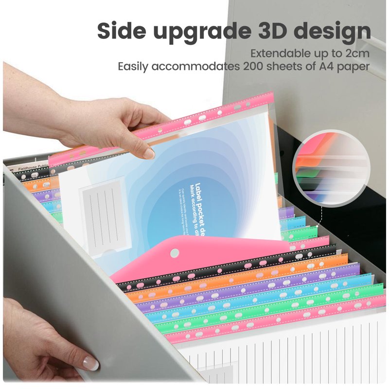 24 Pack Plastic Binder Pockets for 3-Ring & 2/4-Ring Binders, Expandable Document Envelopes