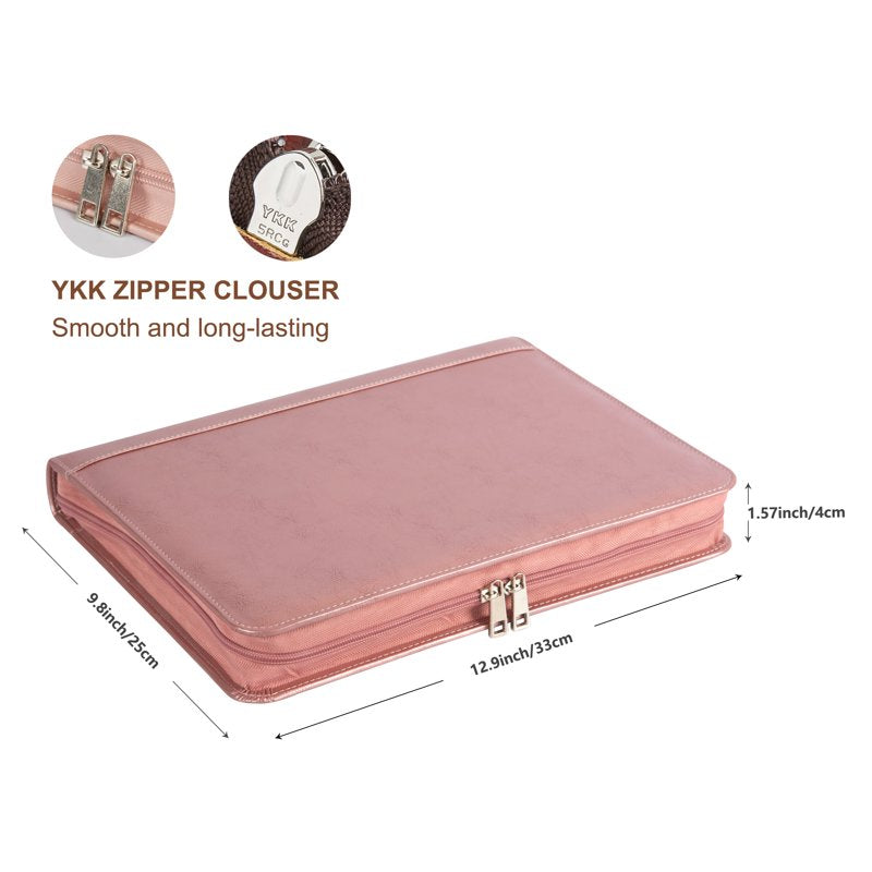 Vegan Leather Portfolio with Zippered Binder, 3-Ring, Business Organizer, Rose