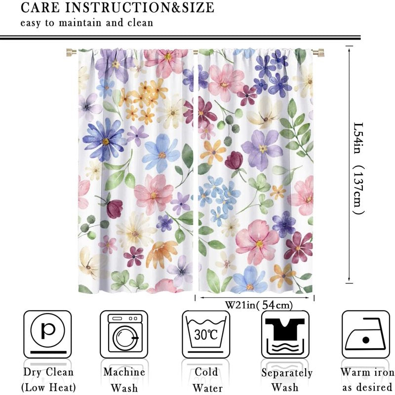 Floral Window Curtains Set - Rustic Flower Watercolor Pattern for Living Room & Bedroom