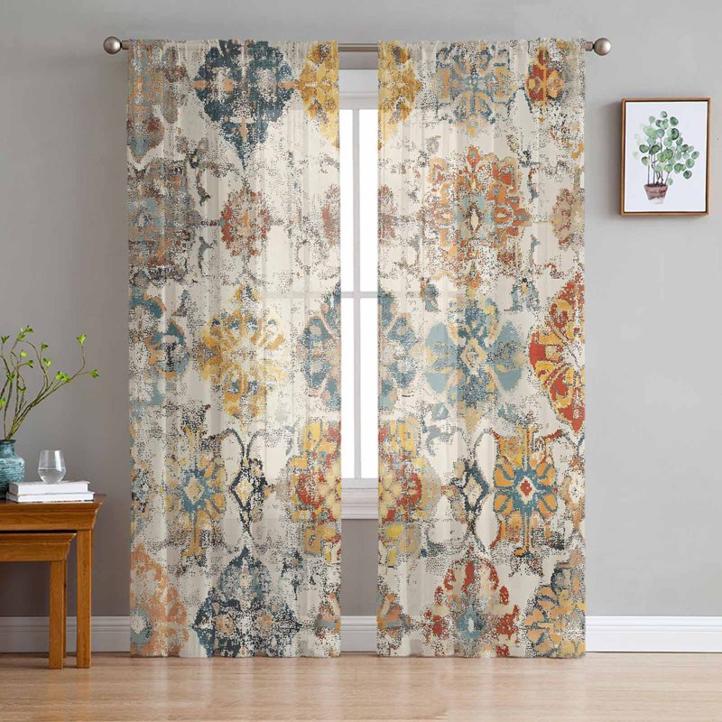 Farmhouse Semi Sheer Curtains Set - Boho Abstract Textured Window Drapes