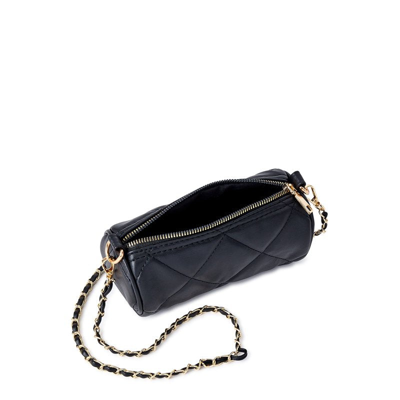Small Quilted Faux Leather Barrel Bag with Gold Chain Strap - Black
