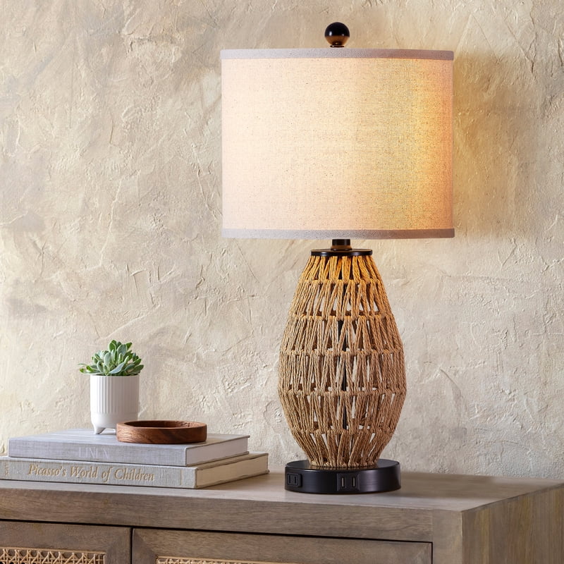 Modern Rattan & Linen Table Lamps with USB & AC Outlet - Touch Control, Dimmable Nightstand Lighting