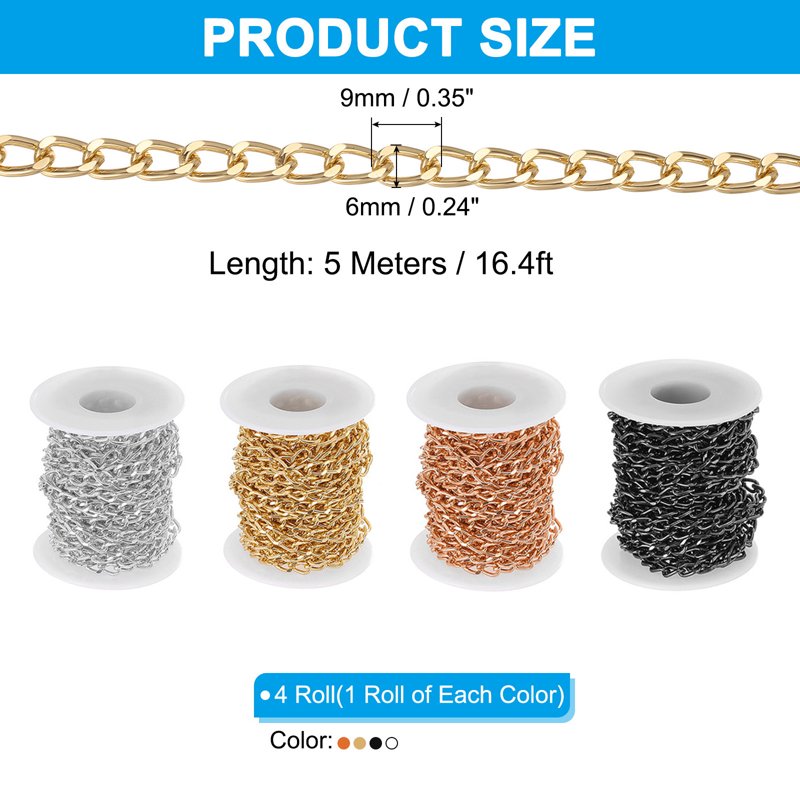 Aluminum Curb Chain Roll - Twisted Links for Jewelry Making, 65.6ft, Gold/Silver/Rose Gold/Black