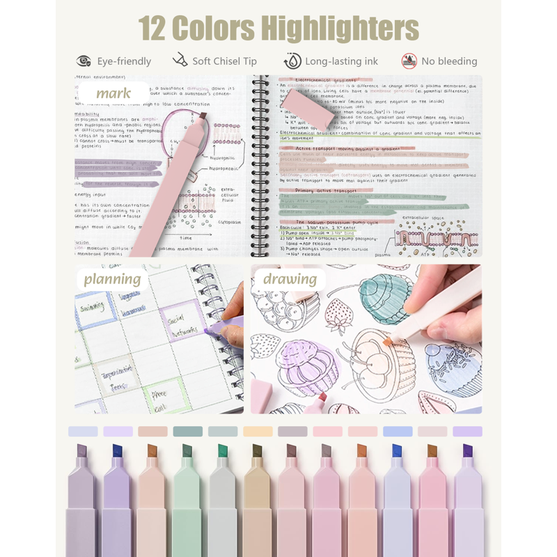Four Candies 39-Piece Stationery Set with Purple Variation: 12 Pastel Highlighters, 6 Mechanical Pencils & 5 Gel Pens in Case