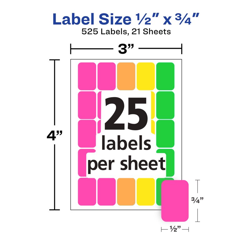 Neon Removable Labels 1/2 x 3/4 Inch, Handwrite, Color-Coded, Pack of 525