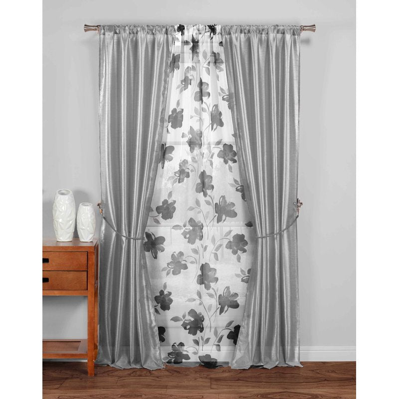 5-Piece Window Panel Set with Floral Design - Gray & White, Pole Top, Tie Backs, 84 Inch Length