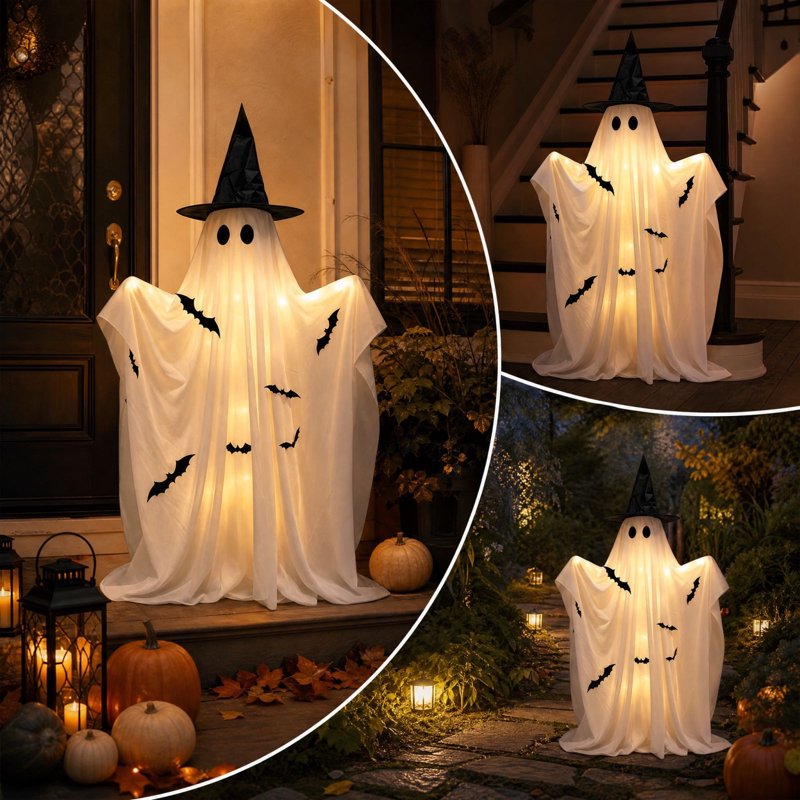 50-Inch Spooky Ghost Halloween Yard Decoration with Detachable Witch Hat, LED Lights, Remote & Easy Setup
