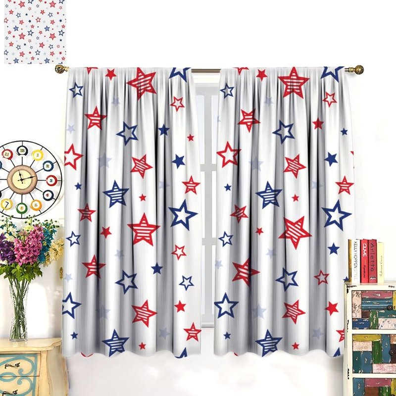 Independence Day Flagout Curtain Set - 4th of July Blue Red Star American Flag Pattern Window Drapes - Multiple Sizes