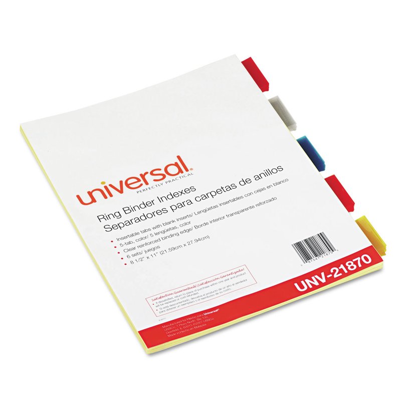 Multicolor 5-Tab Insertable Index Dividers for Binders - 6 Sets