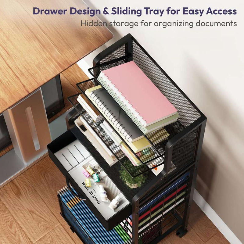 10-Tier Mesh File Cart with Lockable Wheels and Drawers - Black Office Organizer