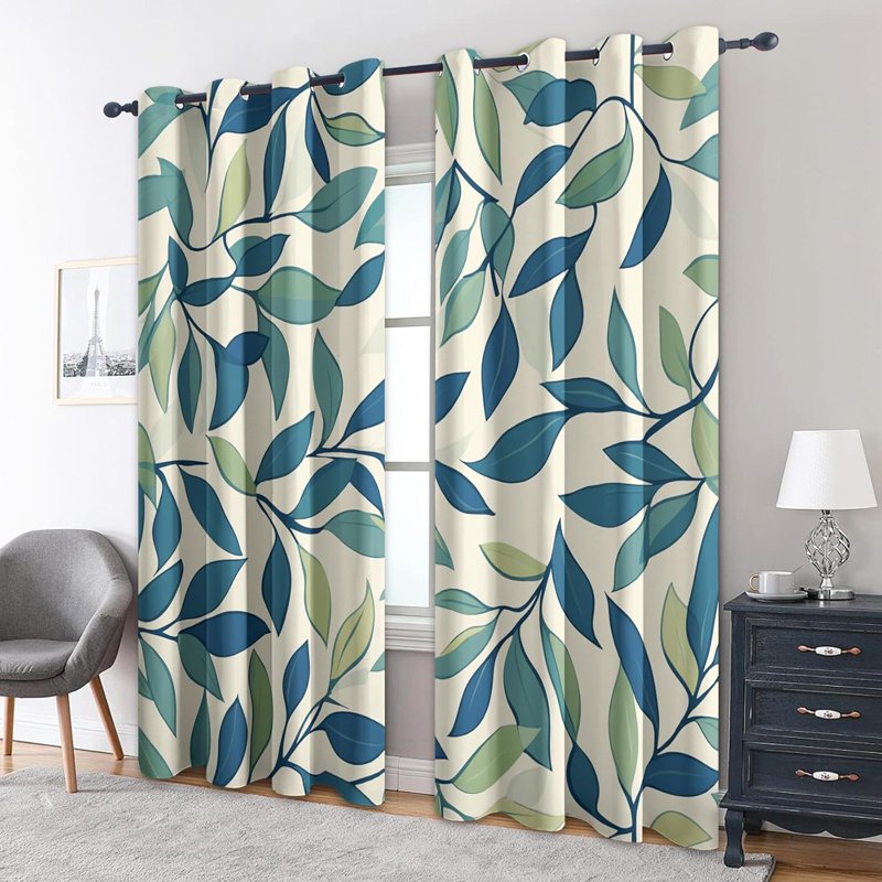 Green Leaf Curtains for Bedroom & Living Room - Blackout & Noise-Reducing Drapes, 2 Panel Sets, Multiple Sizes