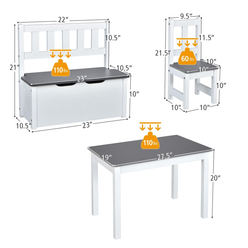 Kids Wooden Activity Table & Chairs Set with Storage Bench - Gray