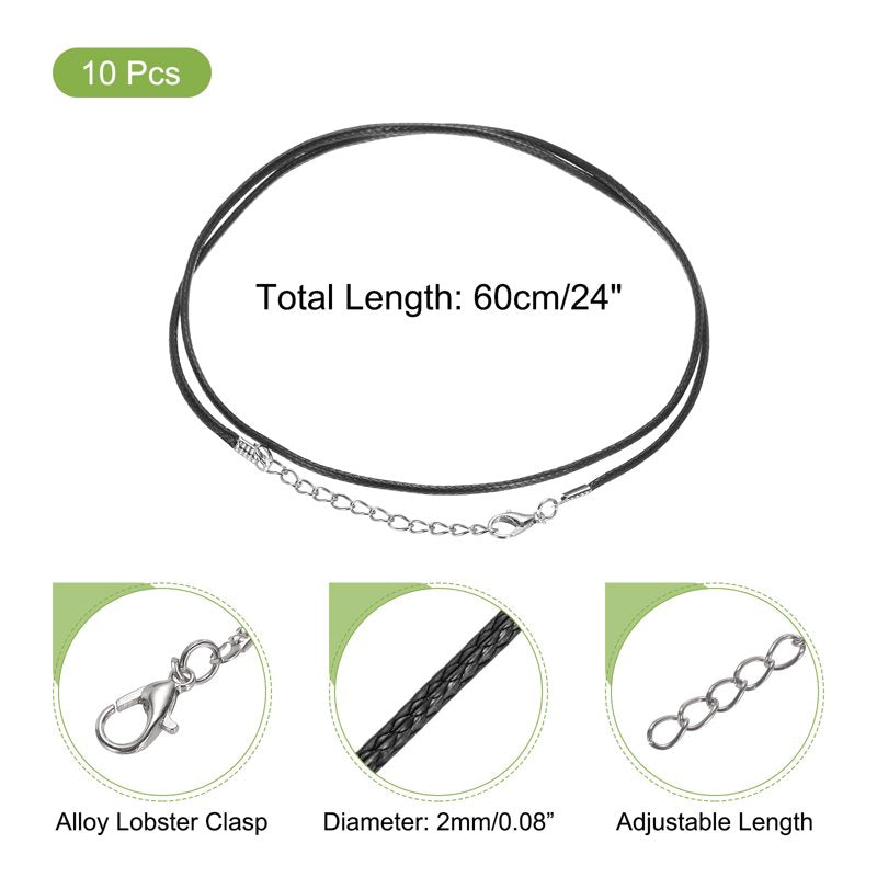 10-Pack 24 Inch Waxed Leather Necklace Cord with Clasp - Black, Jewelry Making Supplies