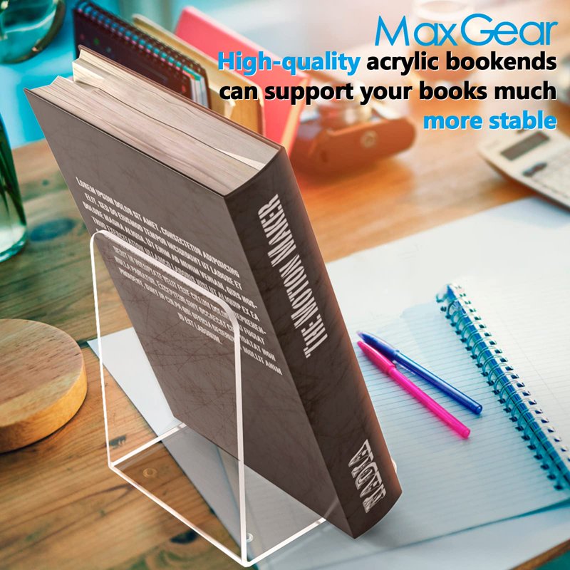 Clear Acrylic Bookends for Shelves - Stylish Book Stoppers, Non-Skid, 2 Pairs