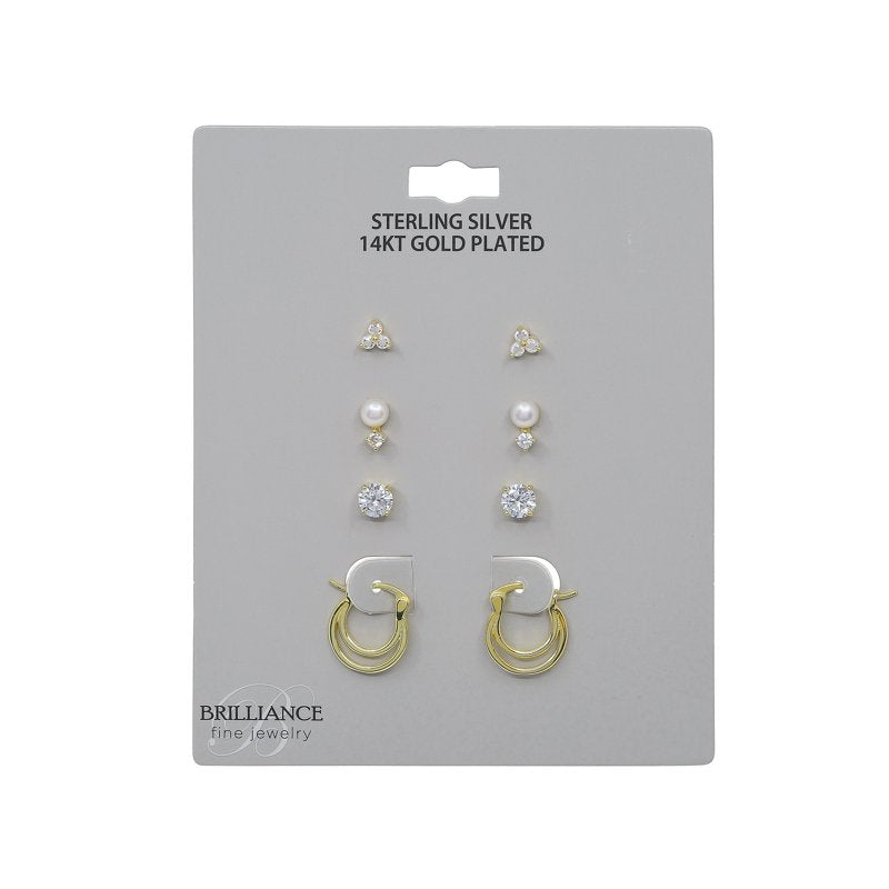 Simulated Diamond & Pearl Earring Set with Double Hoop in 14K Gold Plated Silver