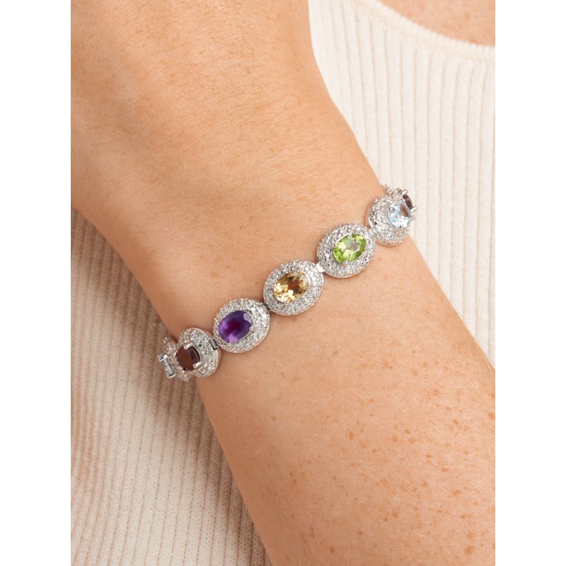 Sterling Silver Multi-Gemstone Tennis Bracelet with Diamond Accents 7.25"