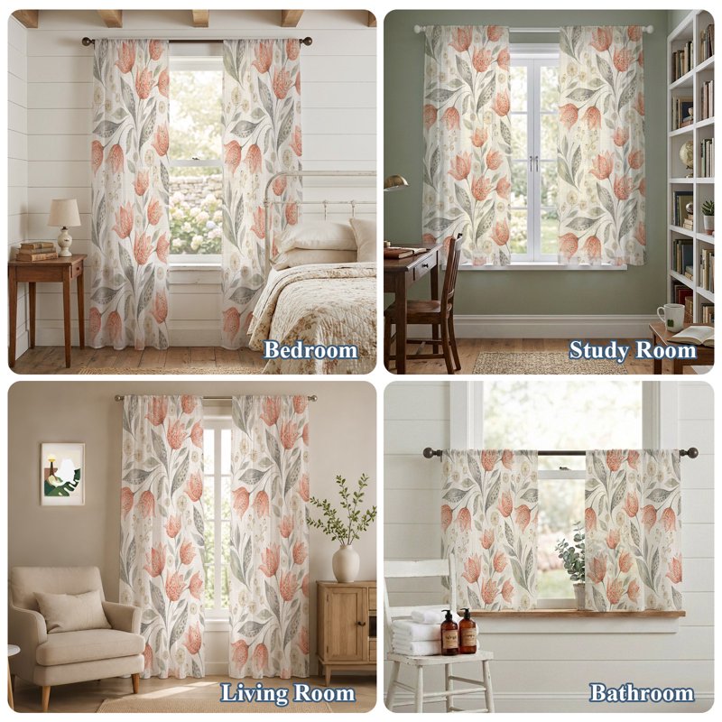 Peach Floral Sheer Curtains Set - 96 Inch Length, Multiple Sizes, Farmhouse Style