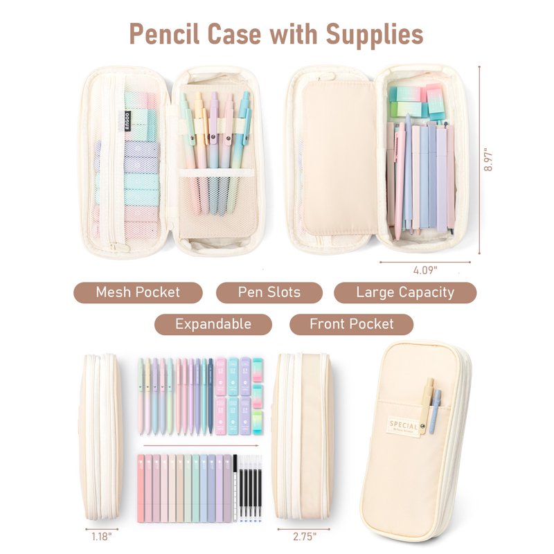 Four Candies Cream 39 PCS Cute Stationery Set with Pen Case – 5 Gel Pens, 12 Pastel Highlighters, 6 Mechanical Pencils
